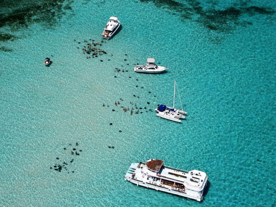 Aerial view of boats and stingrays at the Stingray City Sandbar in the North Sound