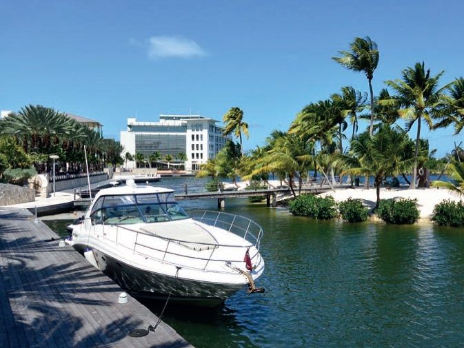Motor yacht tied up at a marina dock beside a small palm-lined island